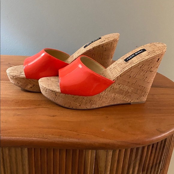 Nine West Bold Orange Cork Wedges - Picture 2 of 5